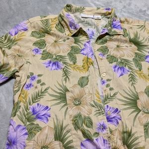 Cotton camp shirt originally sold from Bealls tan with purple flowers